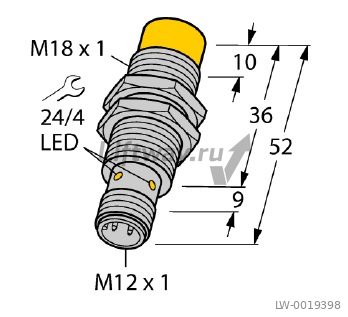 Индуктивный датчик, 3-проводн., 10… 30 В DC, НО, pnp-выход, М18, разъем M12 x1