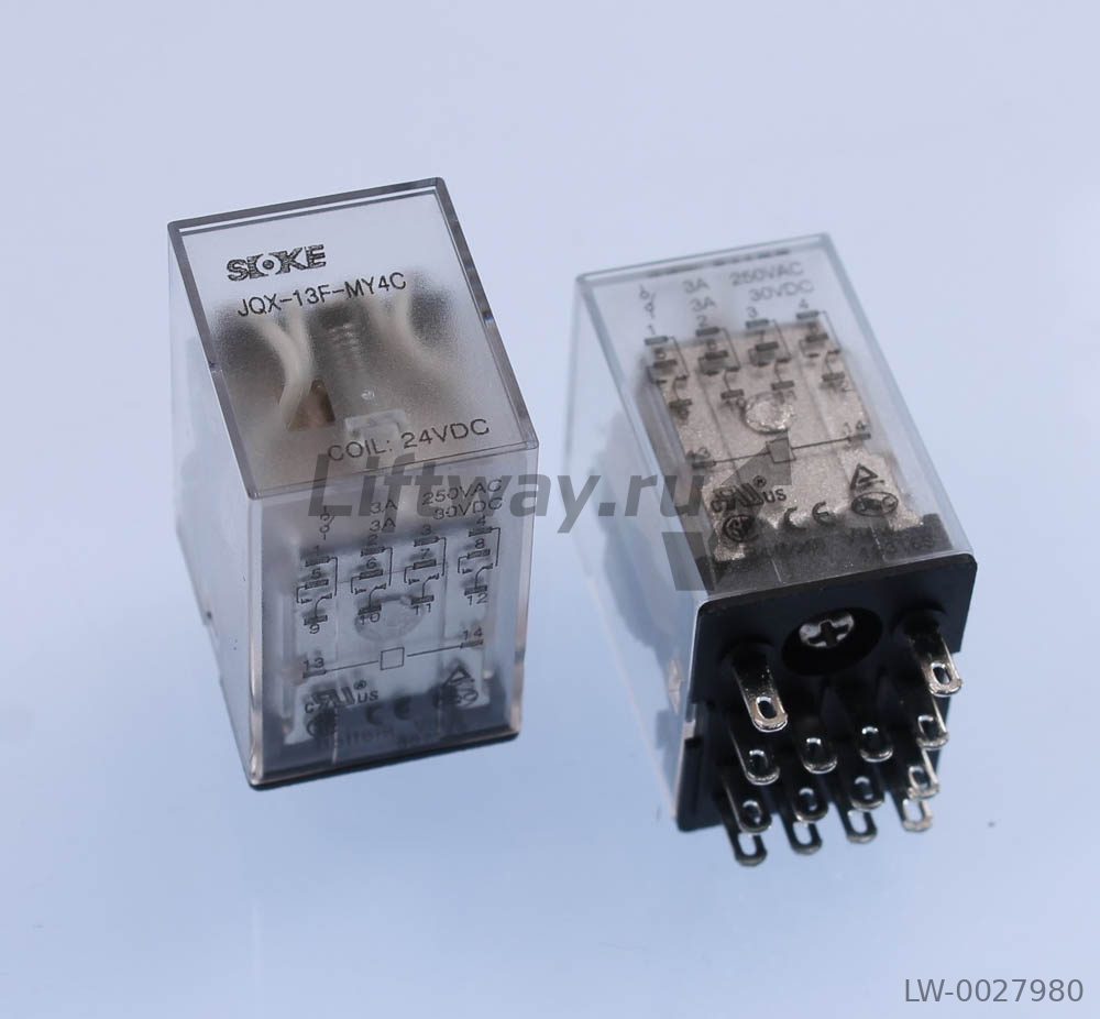 Реле низковольтовое SOKE JQX-13F-MY-4CLD 24VDC 5A 4 СО (с диодом)
