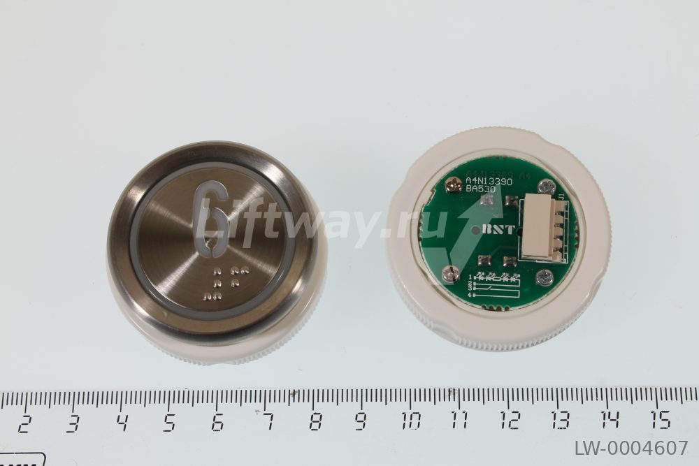 Кнопка приказа "6" Doppler, металлическая круглая с брайлем, пластиковая цифра, красная подсветка