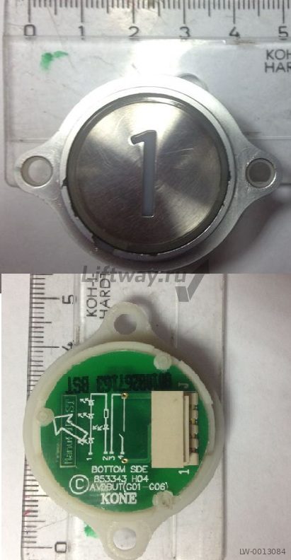 Кнопка приказа Kone круглая с ушами, серебристая поверхность, "1" с браилем AVDBUT красная подсветка